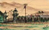 Sumi watercolor painting by George Tamura painted at Tule Lake Segregation Center in 1944. This painting is of the camp prison.