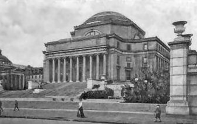 Exterior view of Low Memorial Library, ca. 1905 with men and women walking out front.