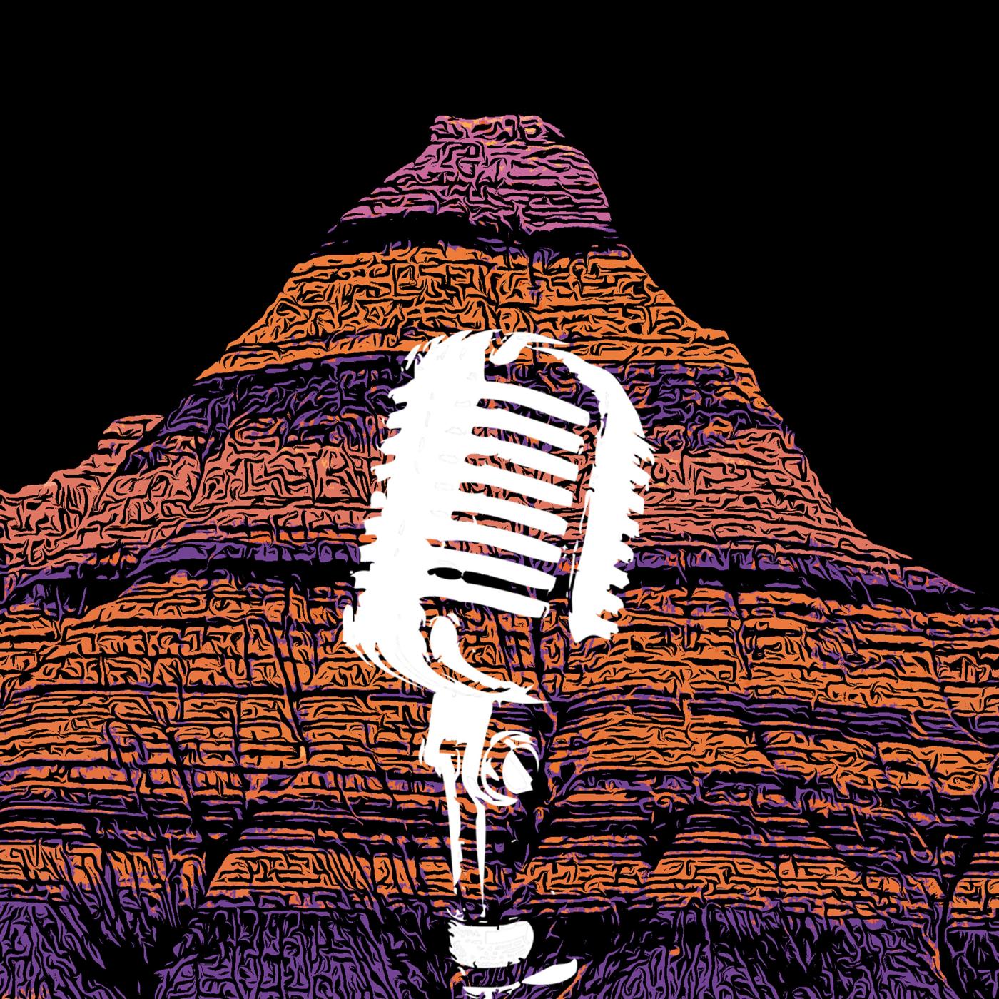 Stylized multicolor Badlands formation with a superimposed image of a white microphone.