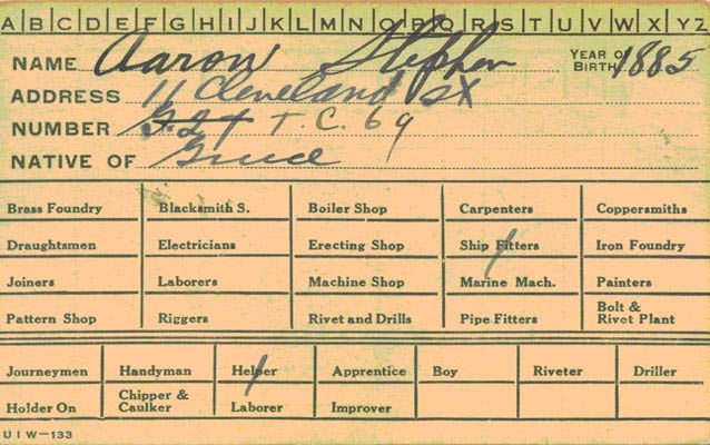 Scan of an employee identification card that showing the date of birth 1885, and the occupation ship fitter helper