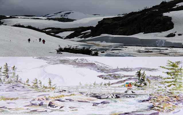 Photo of Chilkoot Trail Hikers and painting of hikers on the Chilkoot Trail