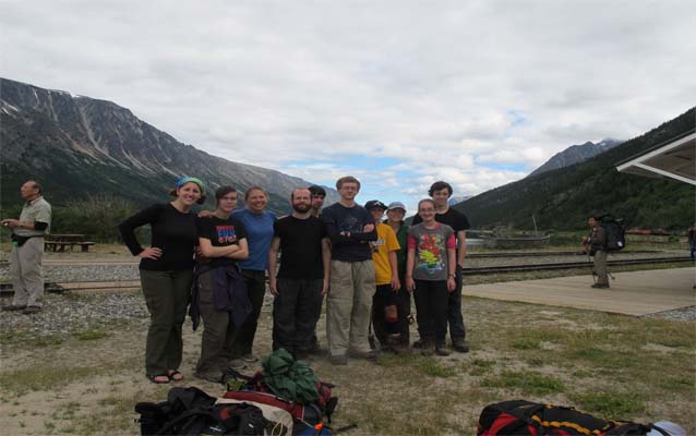 Group of hikers wtih scenic background