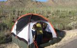 Children explore a tent with a backdrop of the Sonoran Desert behind the tent . 