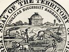 Seal of Wisconsin: a farmer and steamboat surrounding an Indian