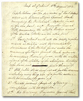 A handwritten letter of surrender by General Hull.