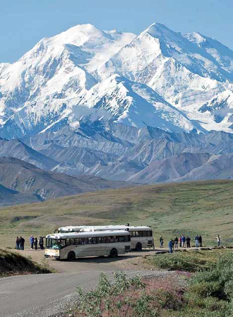 people standing near buses, looking at a vast snowy mountain