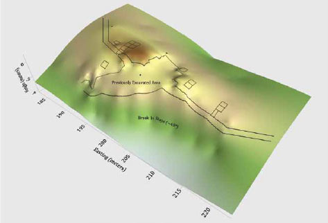 areas of excavation indicated on a computer-generated topographic image 