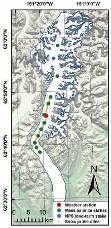 map of a long, narrow glacier with dots on it marking study areas