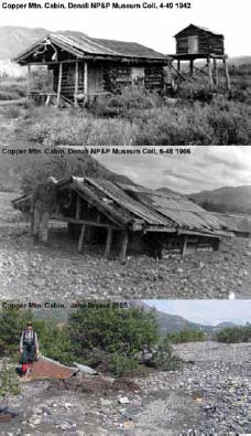 three historic images, showing a log cabin progressively buried in gravel over time