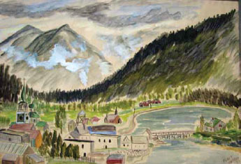 Painting of a large mountain overlooking a small town tucked amid forested hills 