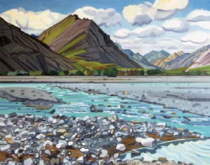 painting of a river flowing past a mountain