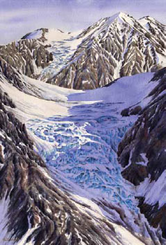 painting of a glacier on a rocky mountain
