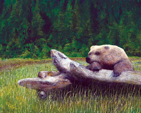 painting of a brown bear lounging on a fallen tree