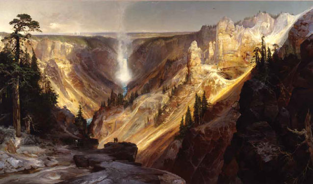 painting of a deep canyon and misty waterfall spilling down it