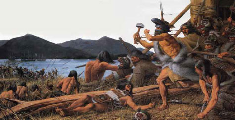 painting of alaska native men in traditional war gear fighting russians