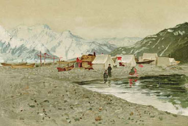 painting of tents near a seashore, mountains in the distance