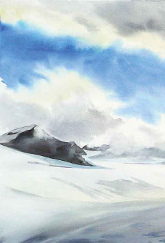 painting of a vast white glaciere under a blue sky