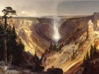 painting of a thin waterfall in a deep canyon
