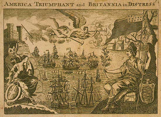 America holds up olive branch to French, Spanish and Dutch ships as Britannia weeps