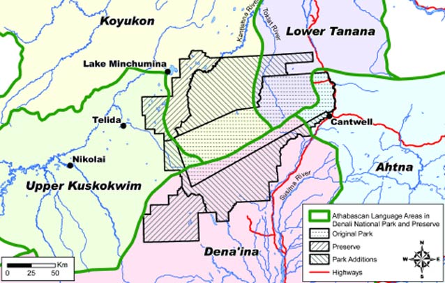 map of denali with large areas denoting traditional homes of various linguistic groups