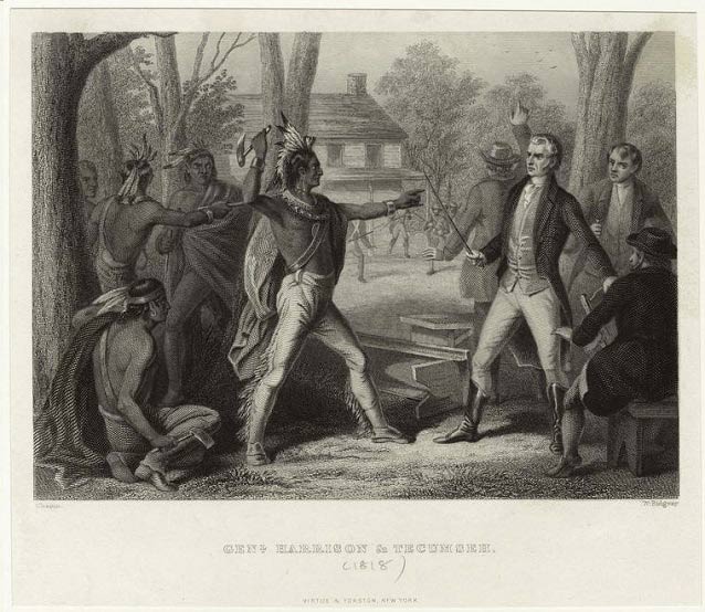 American Indian Tecumseh threatens William Henry Harrison with a hatchet in this 1818 engraving.