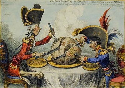 A cartoon image of two men seated at a dining table, carving a globe with knives and forks.