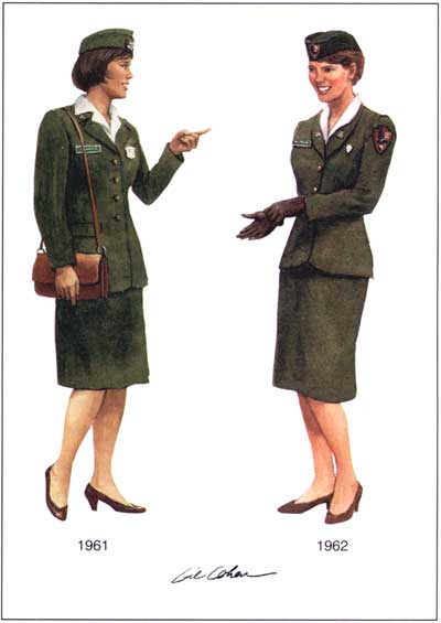 drawing of two women in skirt and jacket uniforms with beret-style hats