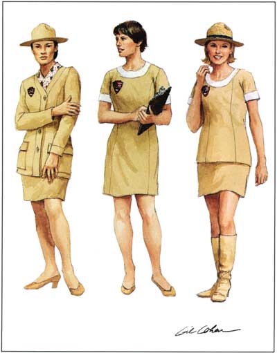 drawings of three women in light tan uniforms featuring mini skirts