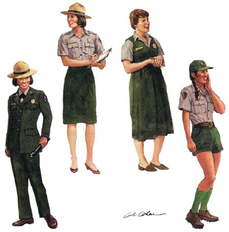 four drawings of womein in various modern park service uniforms