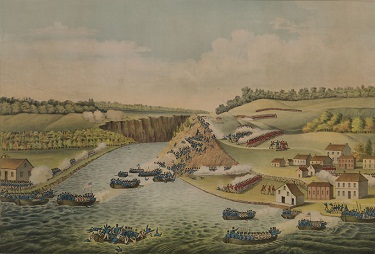 Painting of men blue uniforms crossing river in boats to fight battle with men in red uniforms.