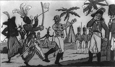 Cartoon of American prisoner be paraded around by American Indians while British officers watch