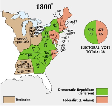 Map of the US showing results of 1800 Presidental Election. Green color Jefferson, peach color Adams