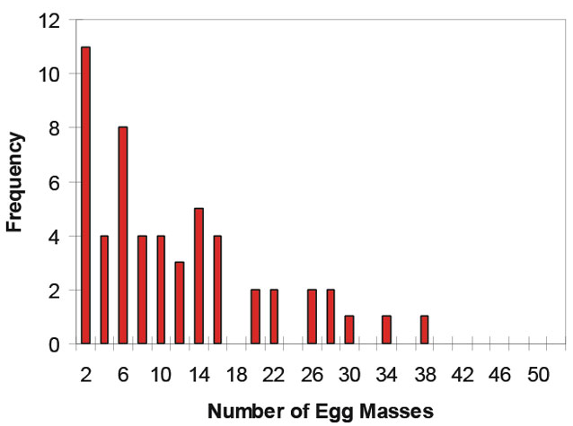 bar chart showing that most frog egg masses contain just two groups of eggs