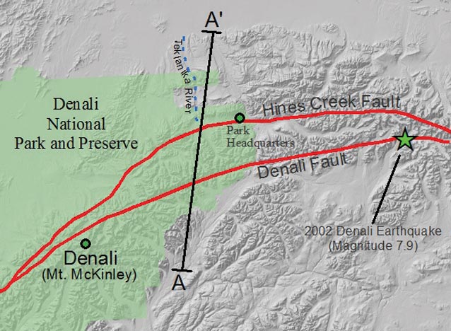 map with lines drawn to indicate nearly parallel fault lines