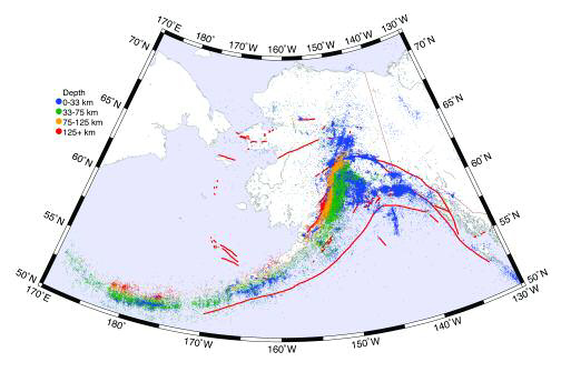 map of alaska with colors indicating earthquakes, mainly along the southern coast