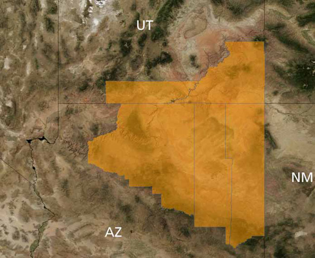 Map of counties in Arizona and Utah where Navajo sedge occurs.