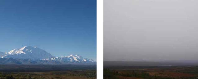two images, one showing a snowy mountain under a blue sky the other showing a dense gray sky 