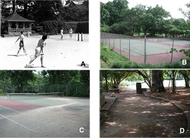 Four images compare the tennis court area, fencing, and Summerhouse.