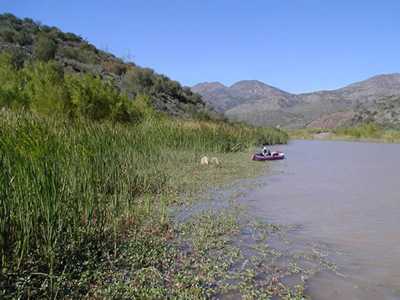 A small boat navigates a brownish river surrounded by gently sloping hills.