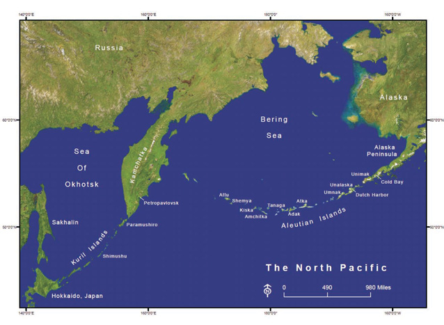 A map of the North Pacific area between East Asia and Alaska includes the Aleutian Islands.
