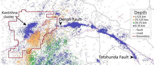 a map that shows the number of earthquakes that took place in and around Denali from 2007-2011