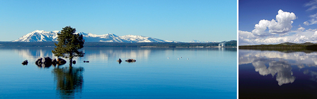 Photos of Carrington Island (left) and South Arm (right) of Yellowstone Lake