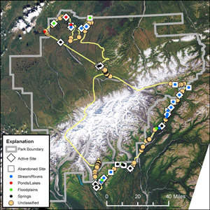 Map of Denali National park with yellow lines and dots showing beaver habitats