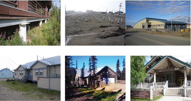 composite of six images of buildings in alaska