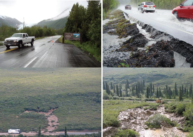 four images of floods and earth slides near roads
