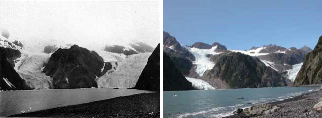 two photos showing the retreat of a glacier over time