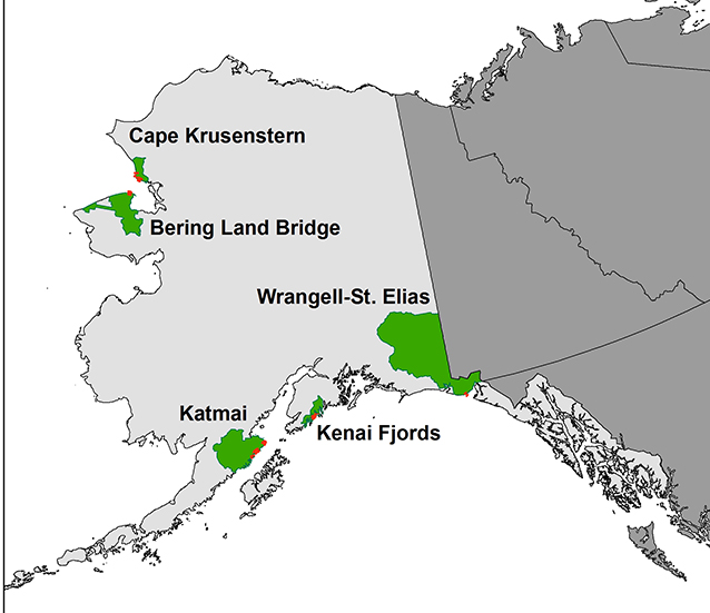 map of alaska with several national parks highlighted in green