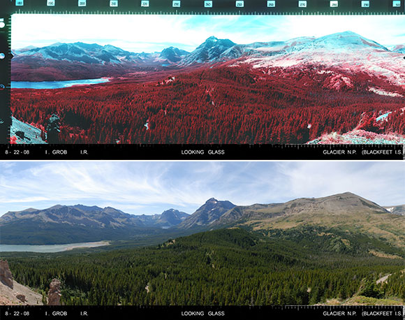 Compare the infrared with the panchromatic film. Looking Glass, Glacier National Park.