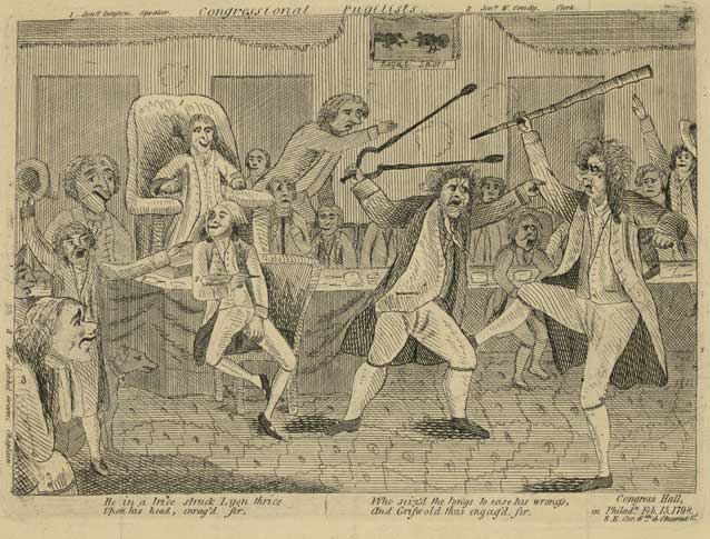 Congressmen attacking each other with sticks as others watch