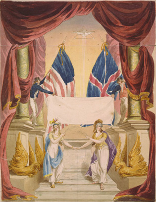 Painting of Britannia and Columbia holding hands and celebrating the peace